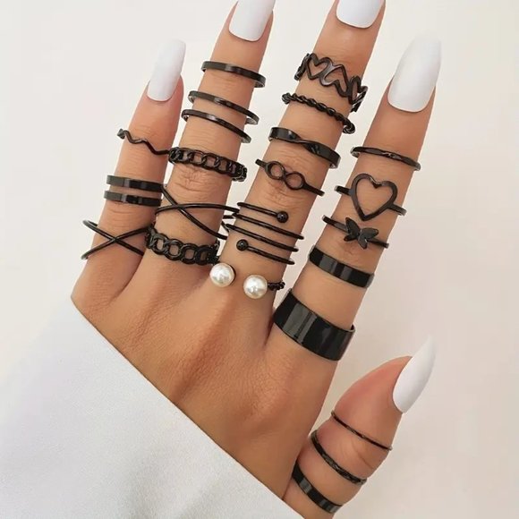 22 pc Set Dark Style Finger Rings Black Pearl Gypsy Boho Hippie Stackable GIFT - Picture 1 of 5